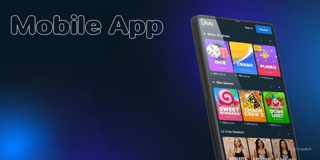 Mobile app interface of Stake Casino, showcasing games and features for an engaging gaming experience 