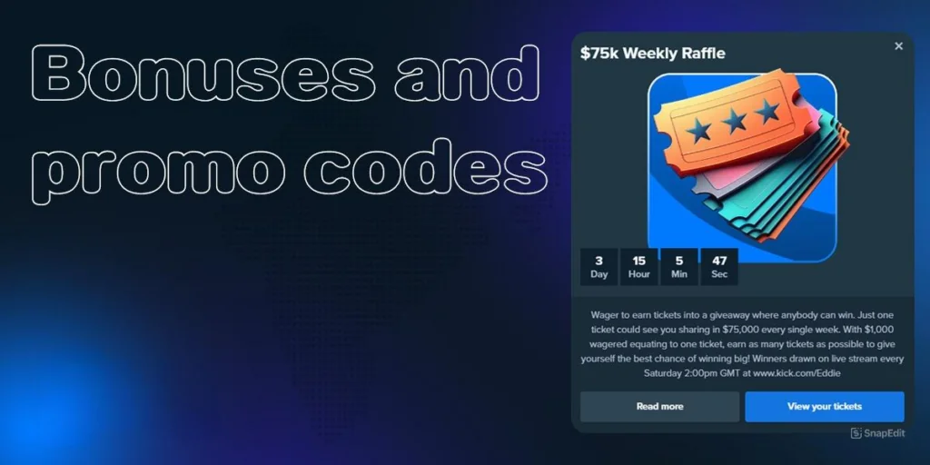 Image showcasing bonuses and promo codes available for Stake online casino promotions and offers