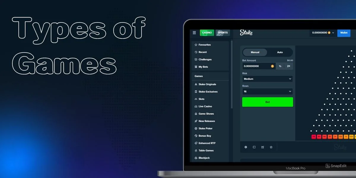 Types of games from Stake online casino available on the site
