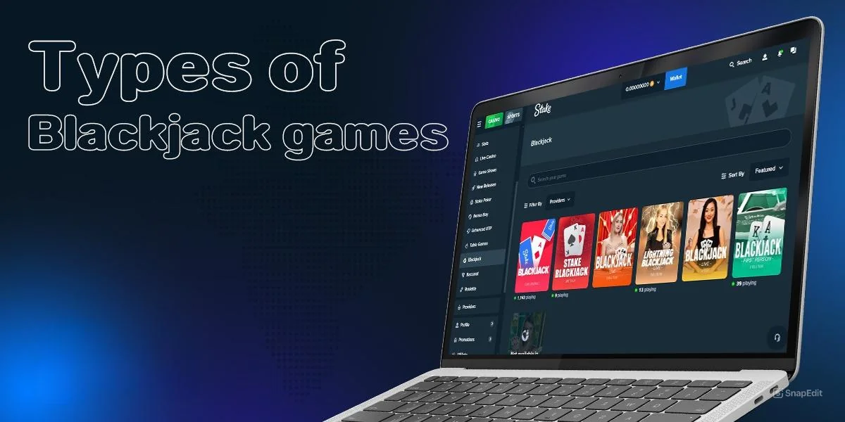 A laptop that displays various blackjack games on the Stake website