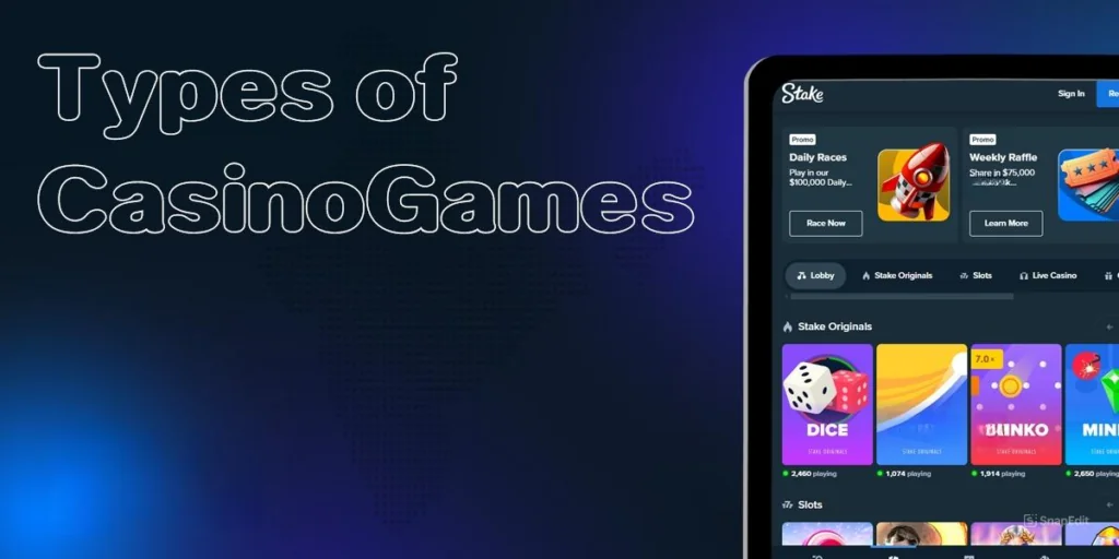 A laptop displaying various casino games, available for Stake players